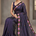 Purple Silk Saree Floral Embroidered Border Designer Party Wear Saree
