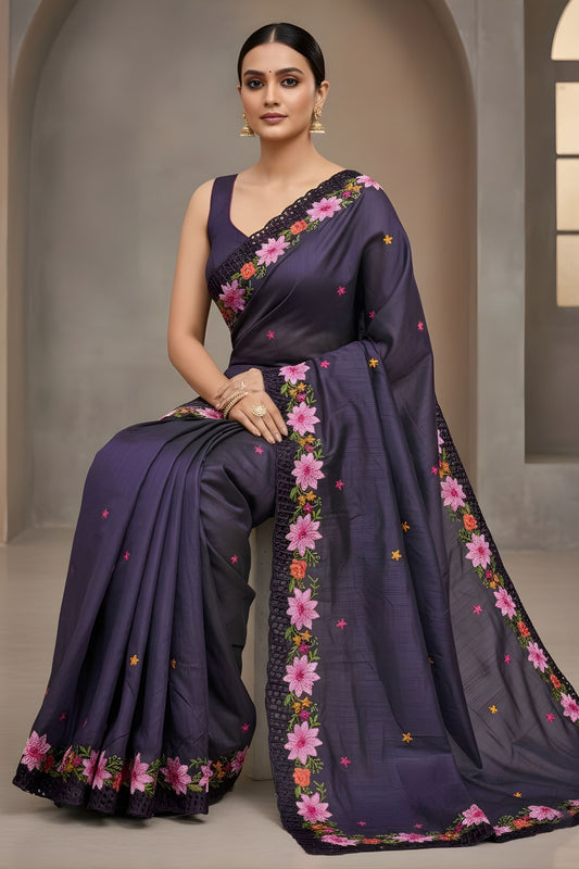 Purple Silk Saree Floral Embroidered Border Designer Party Wear Saree