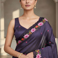 Purple Silk Saree Floral Embroidered Border Designer Party Wear Saree