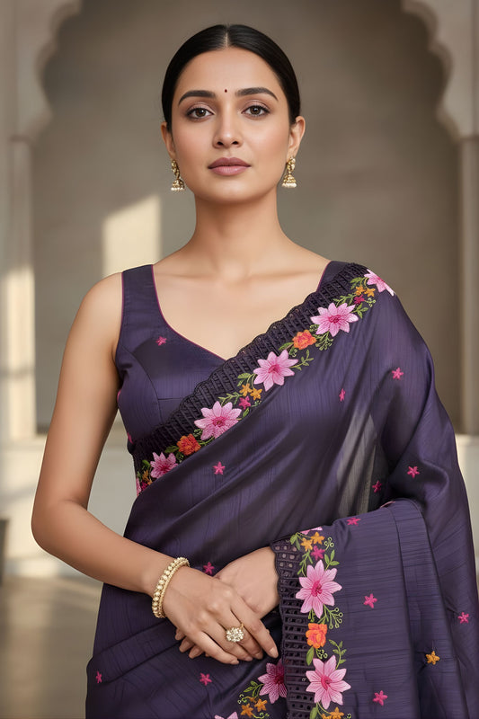 Purple Silk Saree Floral Embroidered Border Designer Party Wear Saree