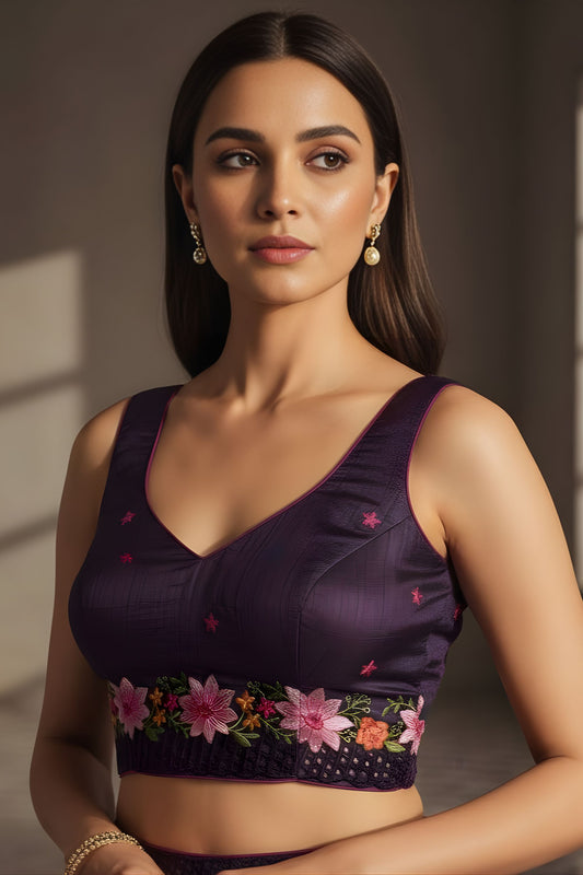 Purple Silk Saree Floral Embroidered Border Designer Party Wear Saree
