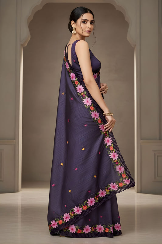 Purple Silk Saree Floral Embroidered Border Designer Party Wear Saree