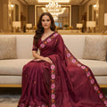 Wine Red Silk Saree Floral Embroidered Border Party Wear Saree