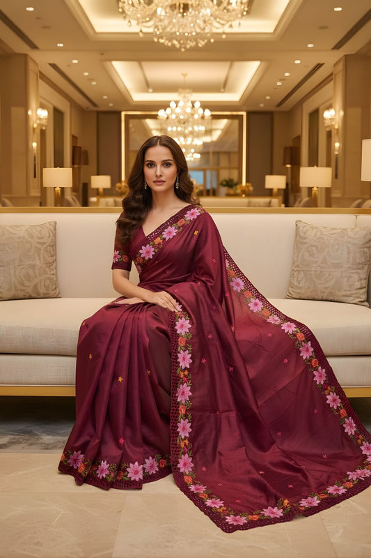 Wine Red Silk Saree Floral Embroidered Border Party Wear Saree