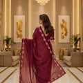 Wine Red Silk Saree Floral Embroidered Border Party Wear Saree