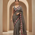Grey Silk Saree Floral Embroidered Border Designer Party Wear