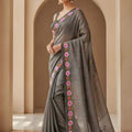 Grey Silk Saree Floral Embroidered Border Designer Party Wear