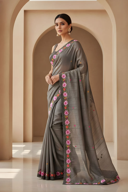Grey Silk Saree Floral Embroidered Border Designer Party Wear