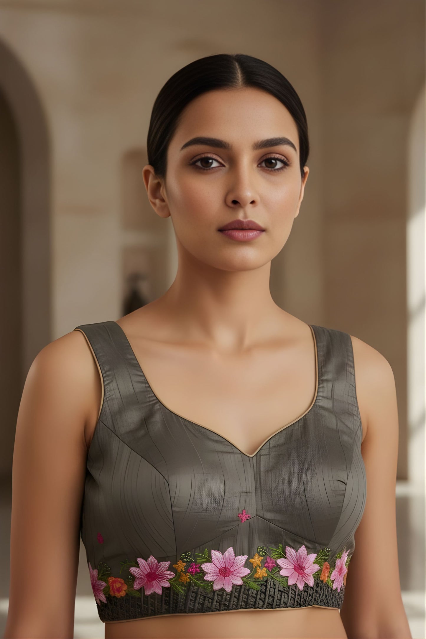 Grey Silk Saree Floral Embroidered Border Designer Party Wear