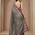 Grey Silk Saree Floral Embroidered Border Designer Party Wear