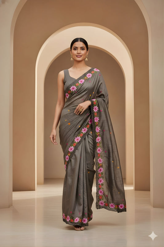 Grey Silk Saree Floral Embroidered Border Designer Party Wear