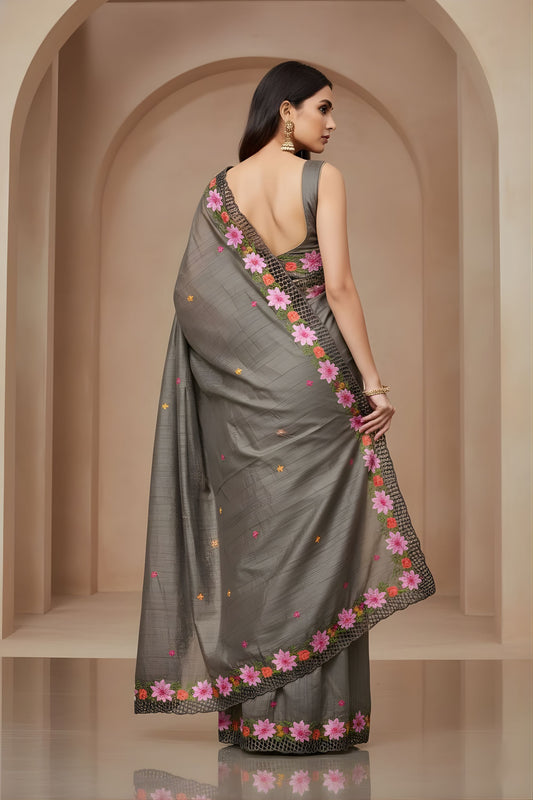 Grey Silk Saree Floral Embroidered Border Designer Party Wear