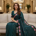 Teal Green Silk Saree Floral Embroidered Border Designer Party Wear