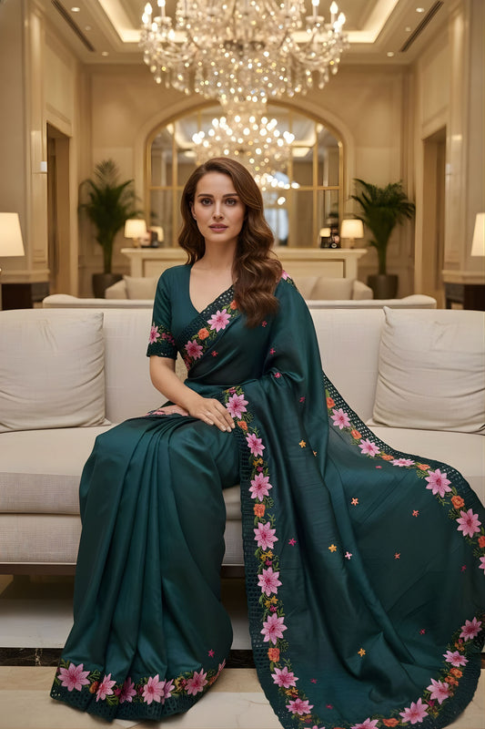 Teal Green Silk Saree Floral Embroidered Border Designer Party Wear