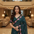 Teal Green Silk Saree Floral Embroidered Border Designer Party Wear