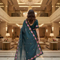 Teal Green Silk Saree Floral Embroidered Border Designer Party Wear