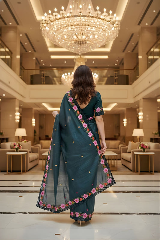 Teal Green Silk Saree Floral Embroidered Border Designer Party Wear