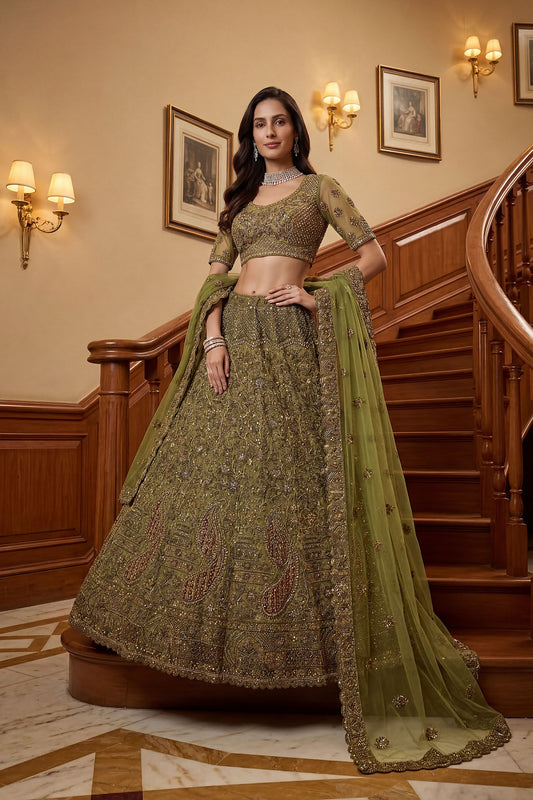 Superb Pista Green Embroidered Wedding Wear Lehenga Choli with Net Dupatta