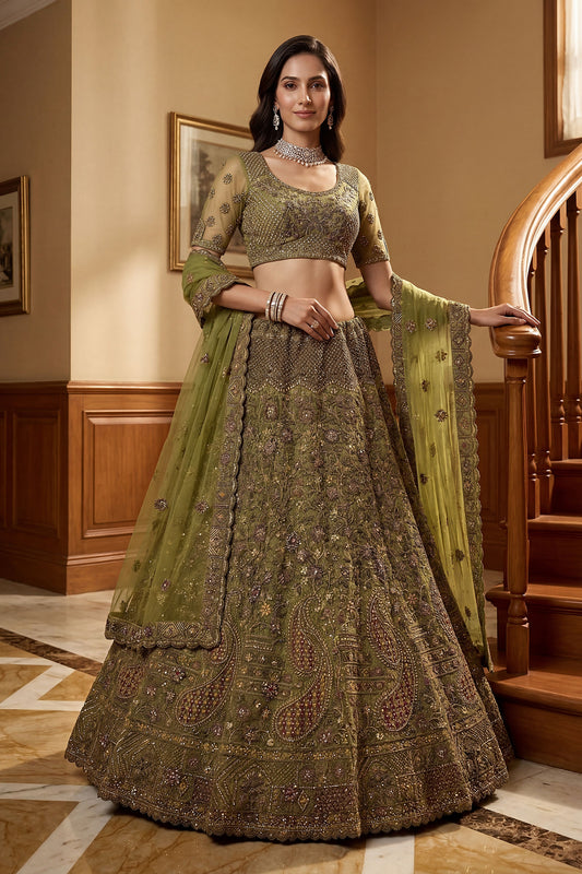 Superb Pista Green Embroidered Wedding Wear Lehenga Choli with Net Dupatta