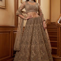 Stylish Beige Embroidered Wedding Wear Lehenga Choli with Net Dupatta