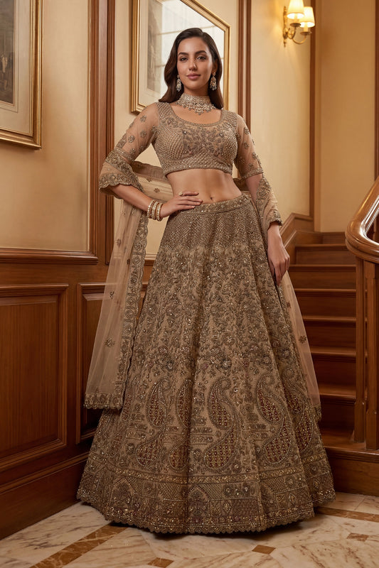 Stylish Beige Embroidered Wedding Wear Lehenga Choli with Net Dupatta