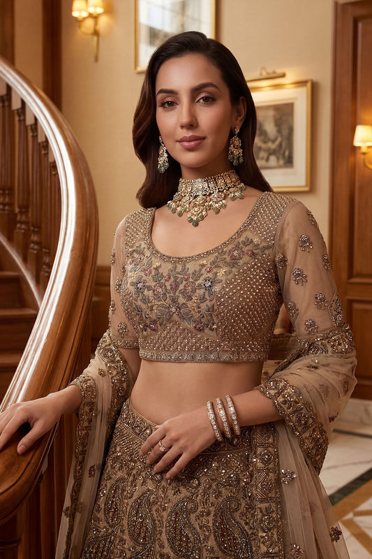Stylish Beige Embroidered Wedding Wear Lehenga Choli with Net Dupatta