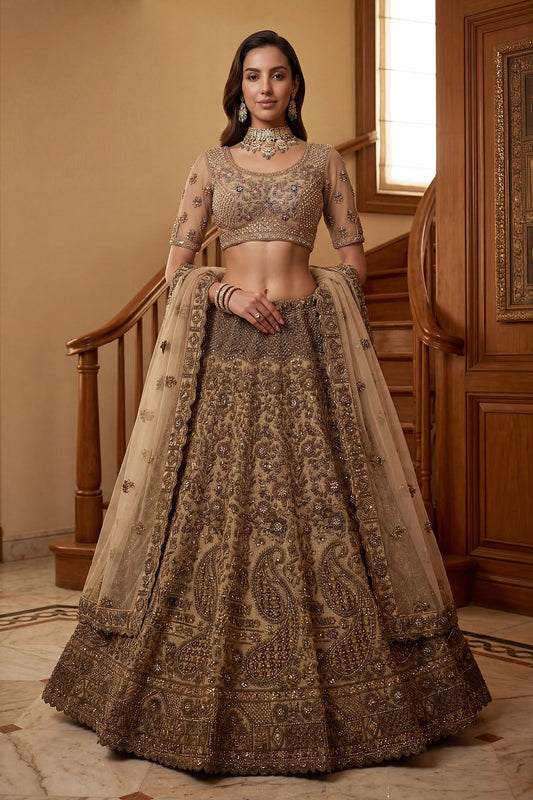 Stylish Beige Embroidered Wedding Wear Lehenga Choli with Net Dupatta