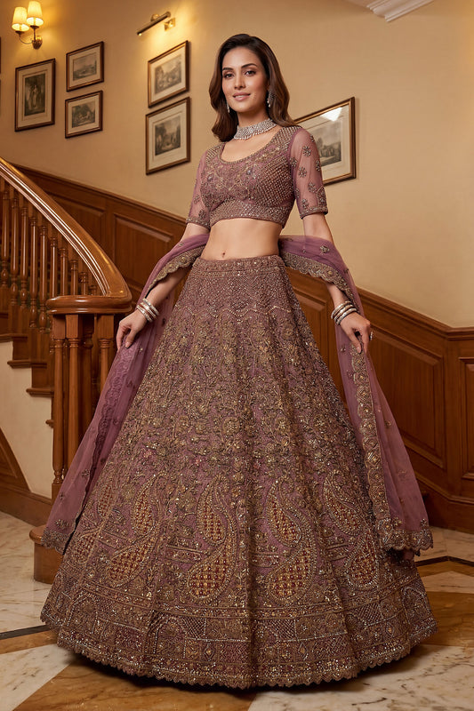 Glorious Purple Embroidered Wedding Wear Lehenga Choli with Net Dupatta