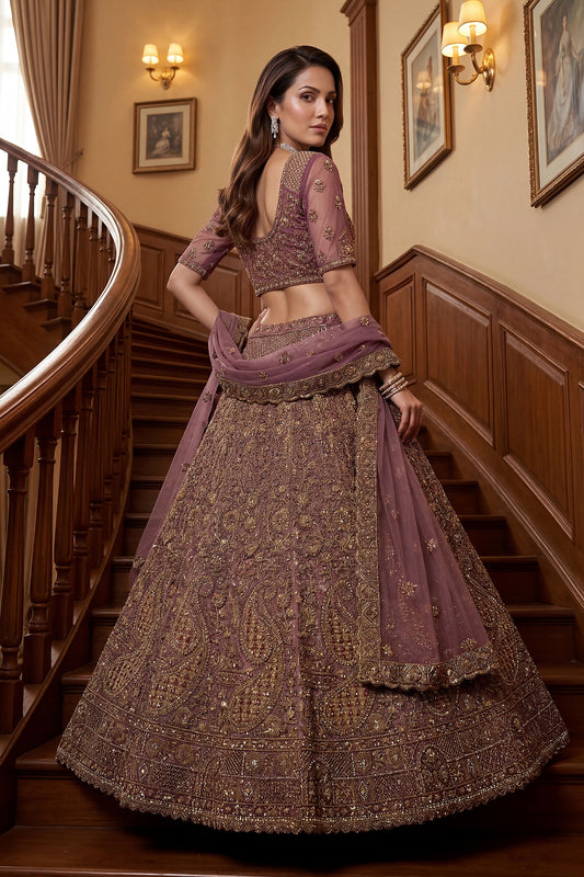 Glorious Purple Embroidered Wedding Wear Lehenga Choli with Net Dupatta