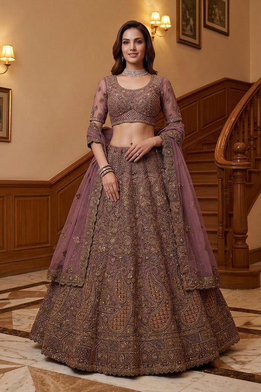 Glorious Purple Embroidered Wedding Wear Lehenga Choli with Net Dupatta