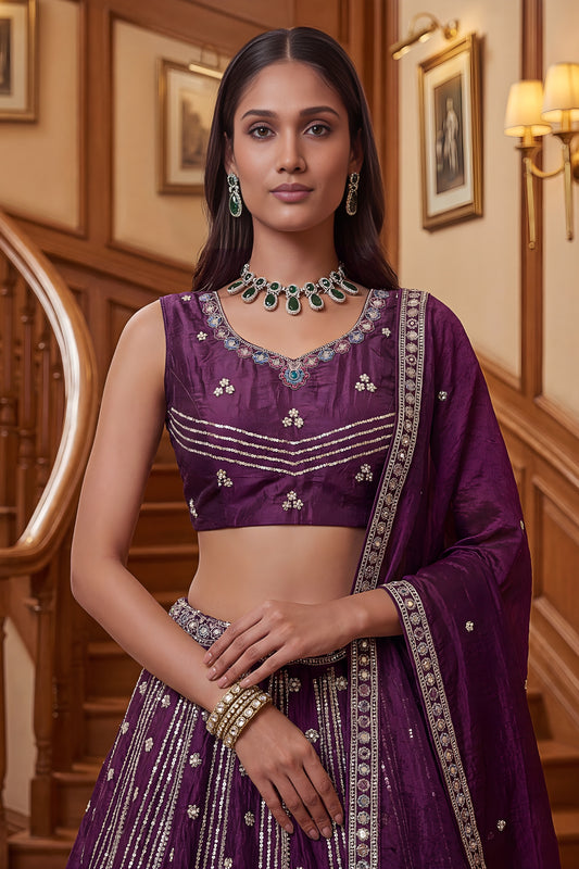 Stunning Purple Fendy Organza Silk Embroidered Wedding Wear Lehenga Choli with Dupatta