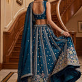Beautiful Teal Blue Fendy Organza Silk Embroidered Wedding Wear Lehenga Choli with Dupatta