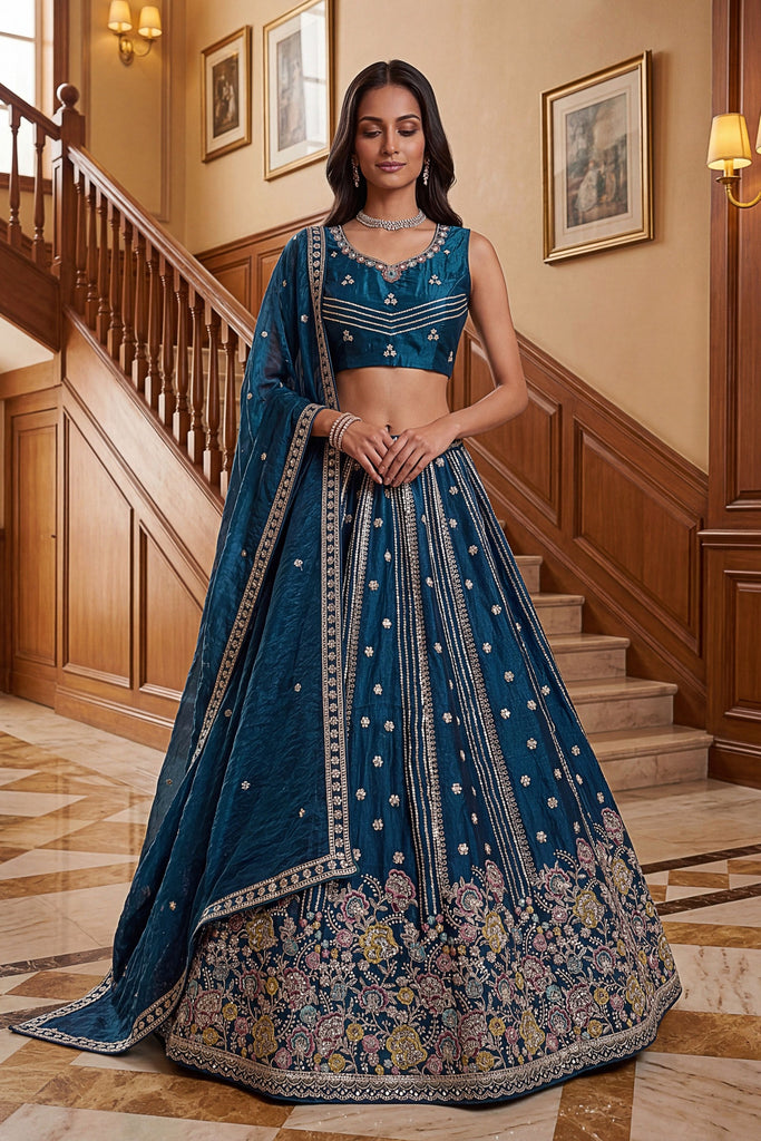 Beautiful Teal Blue Fendy Organza Silk Embroidered Wedding Wear Lehenga Choli with Dupatta