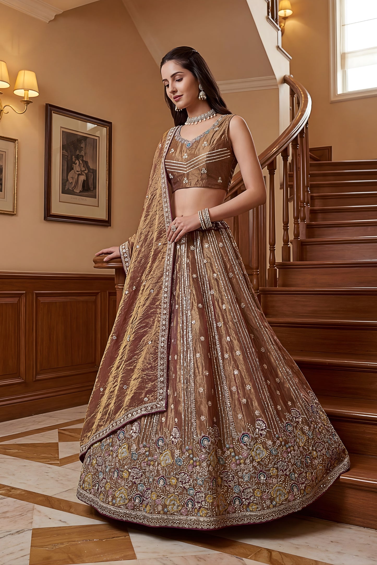 Stylish Brown Fendy Organza Silk Embroidered Wedding Wear Lehenga Choli with Dupatta