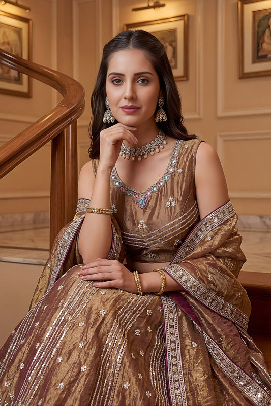 Stylish Brown Fendy Organza Silk Embroidered Wedding Wear Lehenga Choli with Dupatta