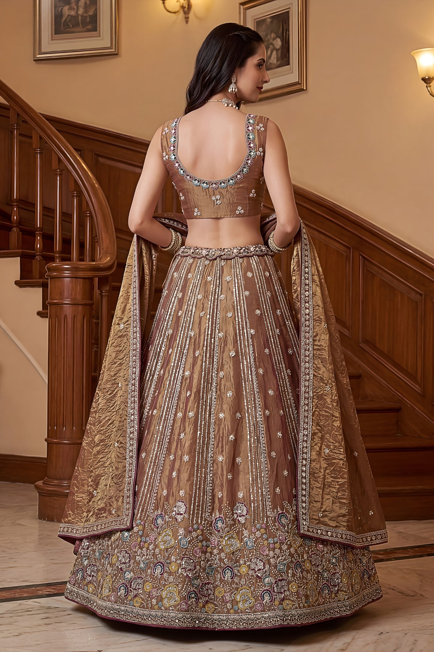 Stylish Brown Fendy Organza Silk Embroidered Wedding Wear Lehenga Choli with Dupatta