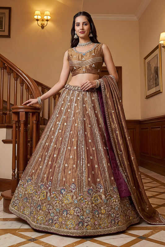 Stylish Brown Fendy Organza Silk Embroidered Wedding Wear Lehenga Choli with Dupatta