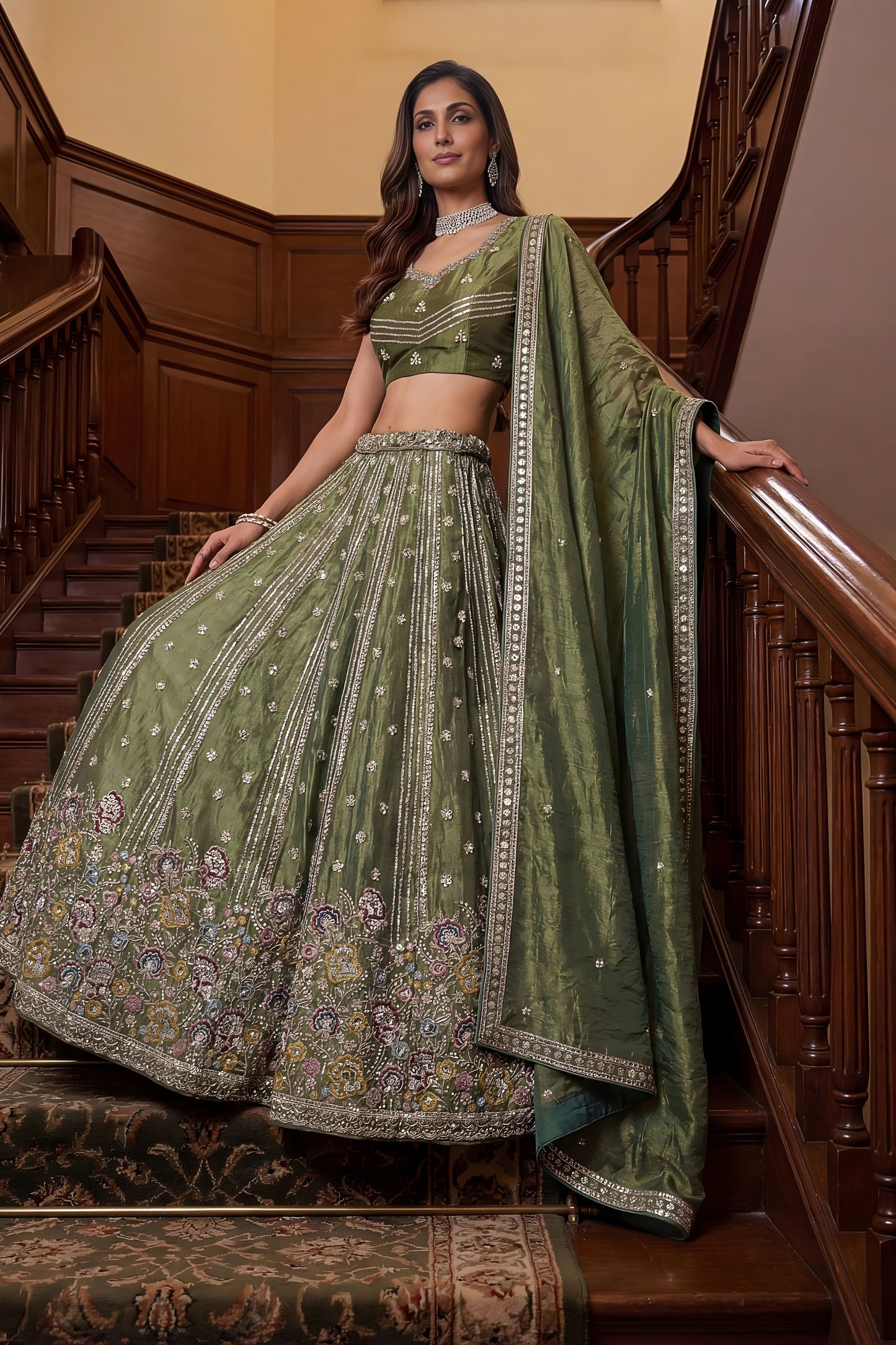 Wonderful Olive Green Fendy Organza Silk Embroidered Wedding Wear Lehenga Choli with Dupatta