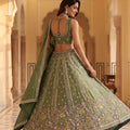 Wonderful Olive Green Fendy Organza Silk Embroidered Wedding Wear Lehenga Choli with Dupatta