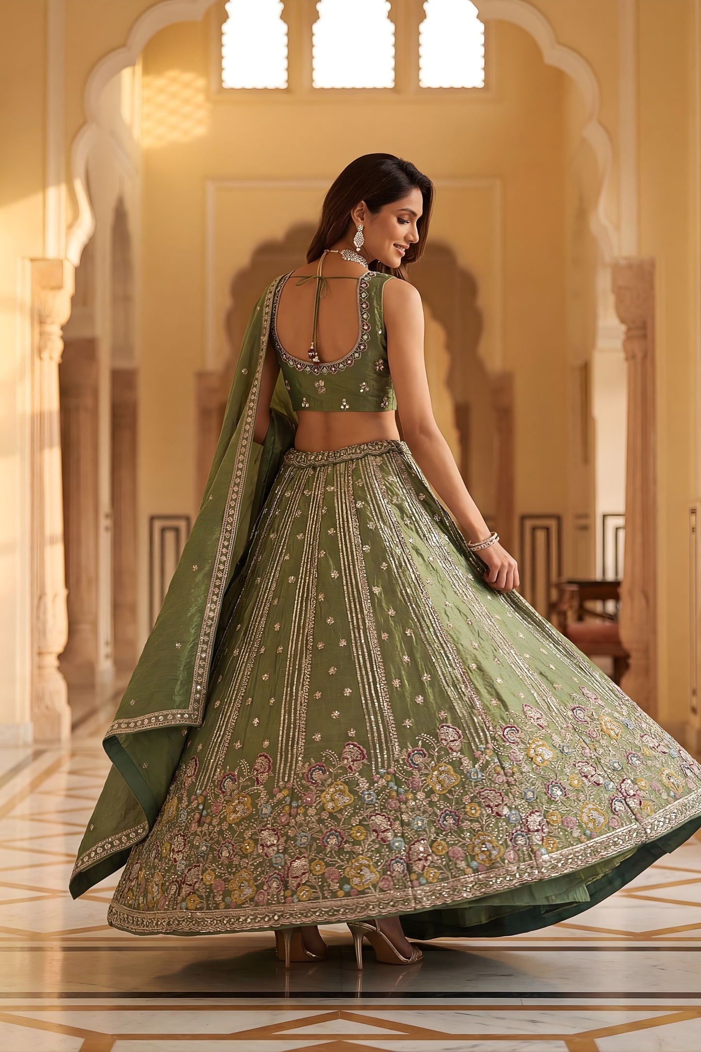 Wonderful Olive Green Fendy Organza Silk Embroidered Wedding Wear Lehenga Choli with Dupatta