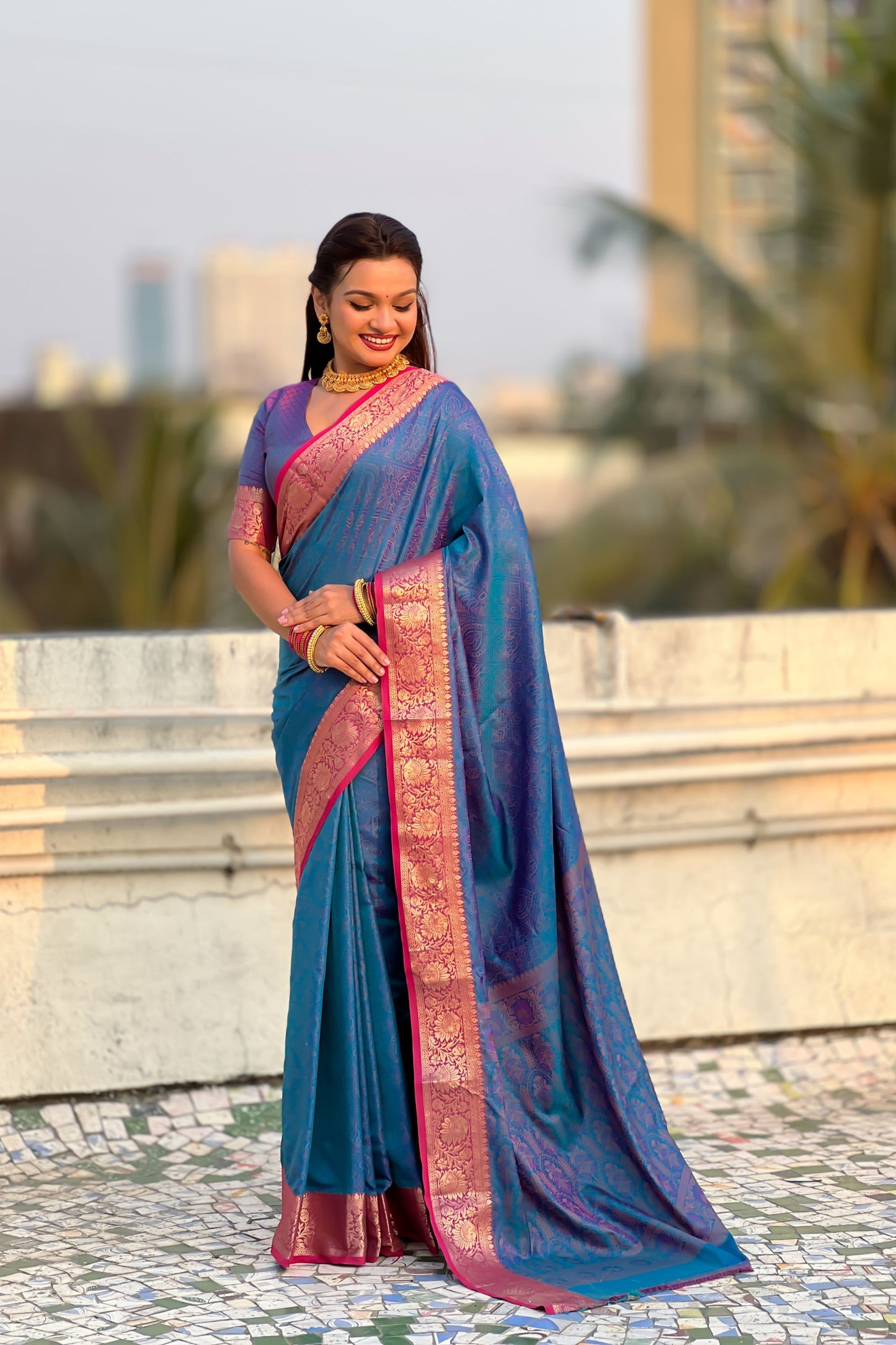 Royal Blue Silk Saree with Rich Pink Gold Zari Border Traditional Saree