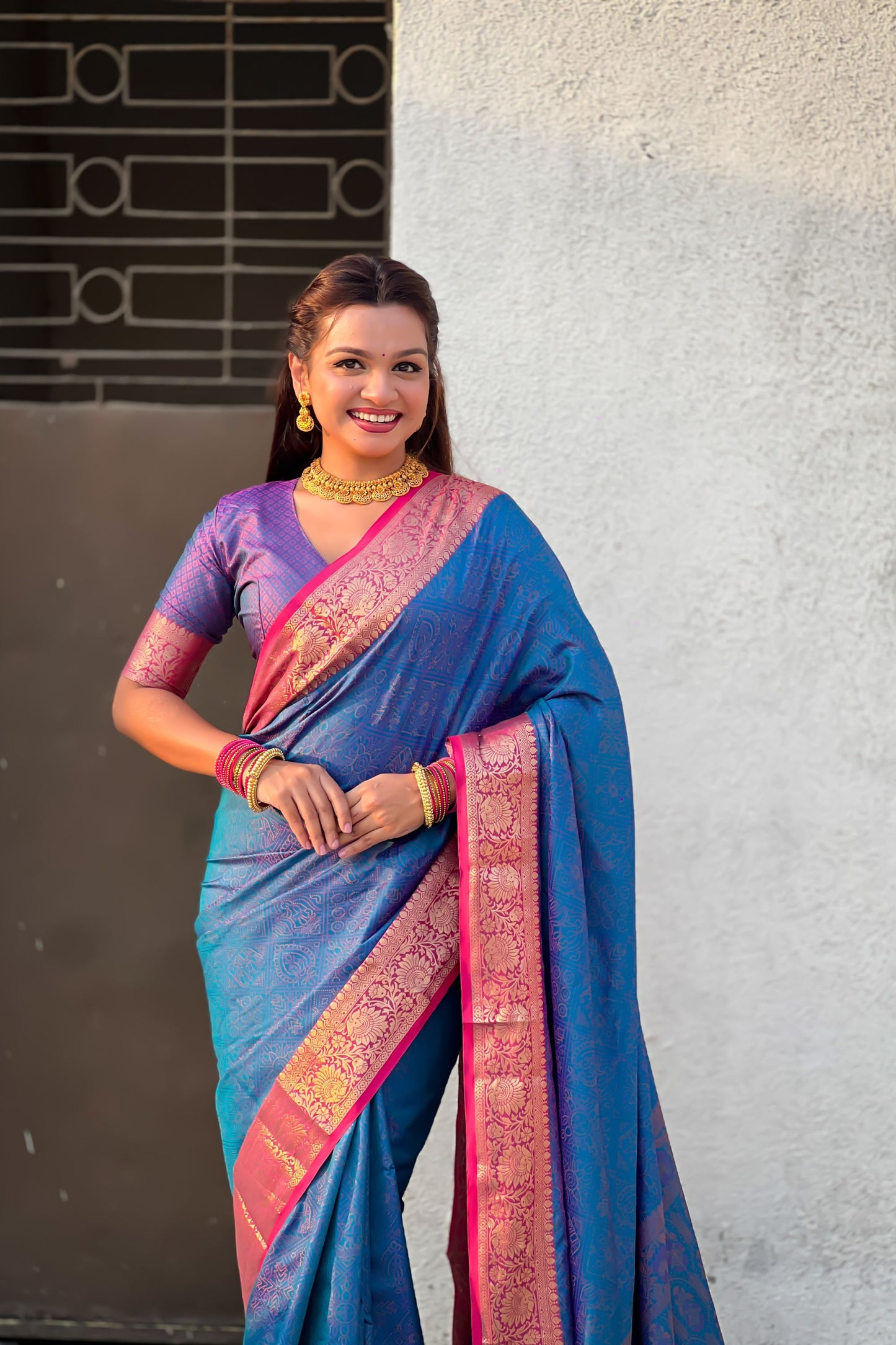 Royal Blue Silk Saree with Rich Pink Gold Zari Border Traditional Saree