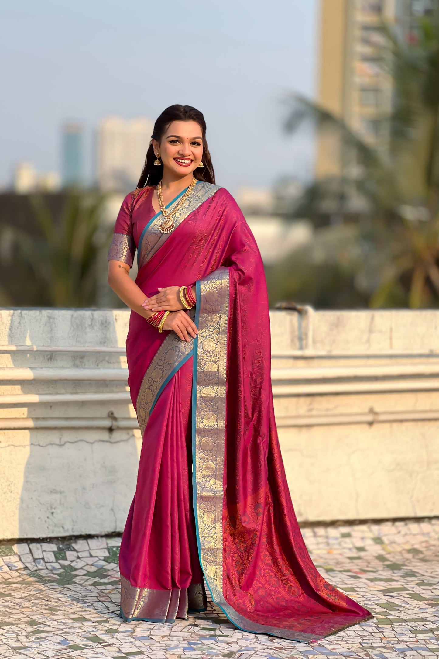 Rani Pink Silk Saree Rich Gold Zari Border Traditional Saree