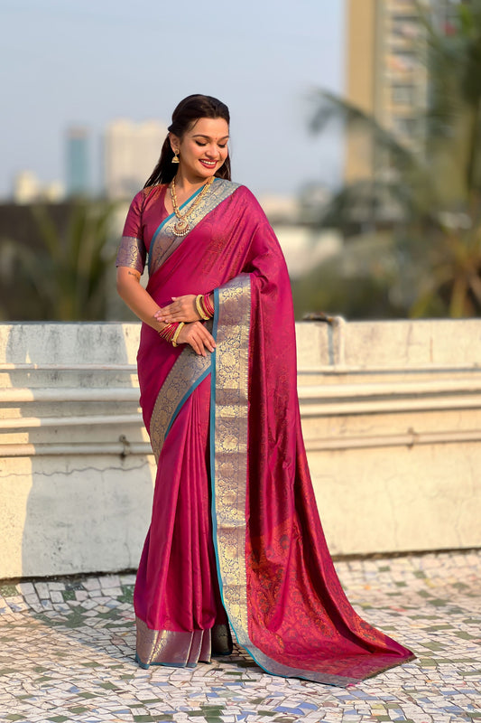 Rani Pink Silk Saree Rich Gold Zari Border Traditional Saree