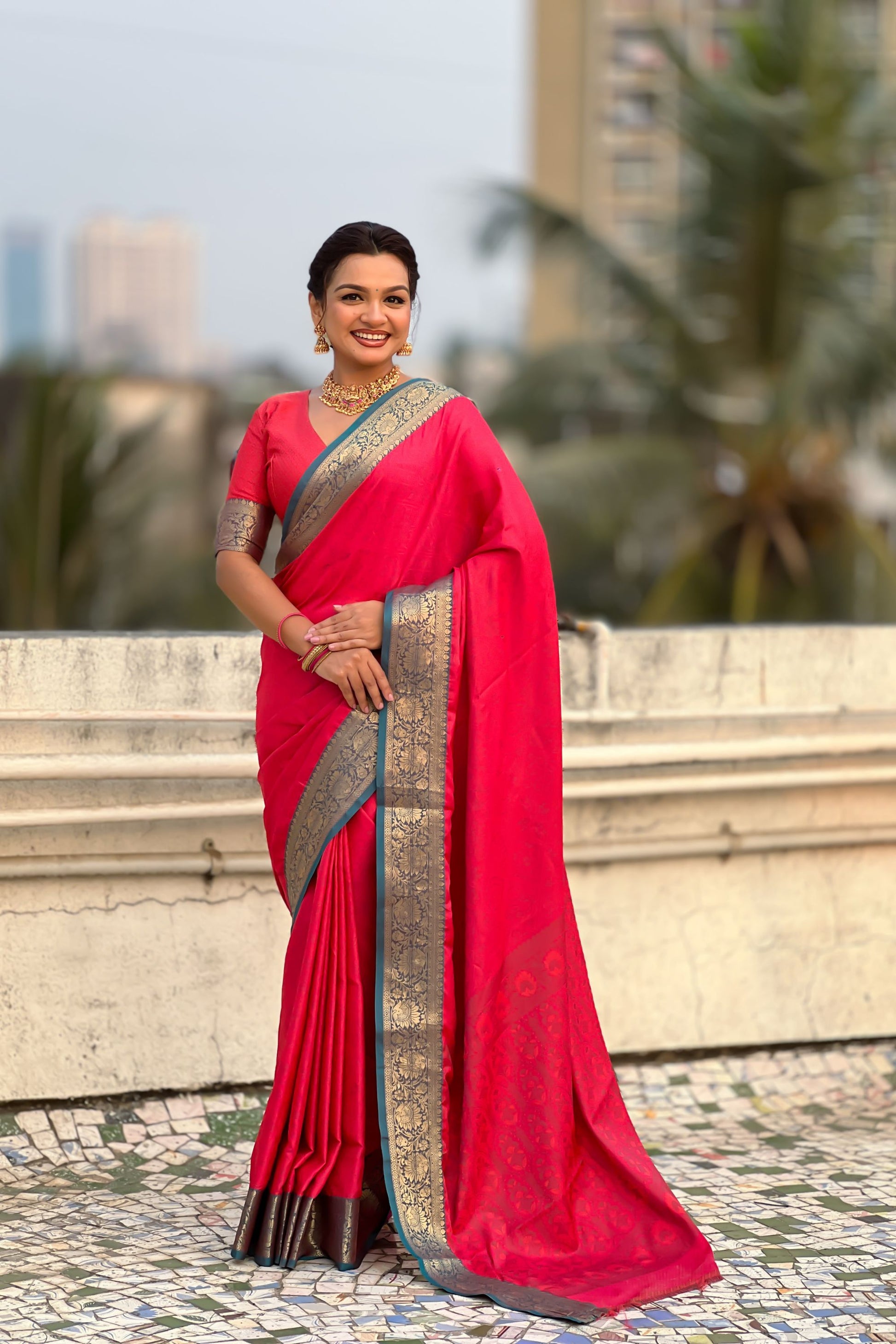 Bright Red Silk Saree Gold Zari Border Traditional Saree