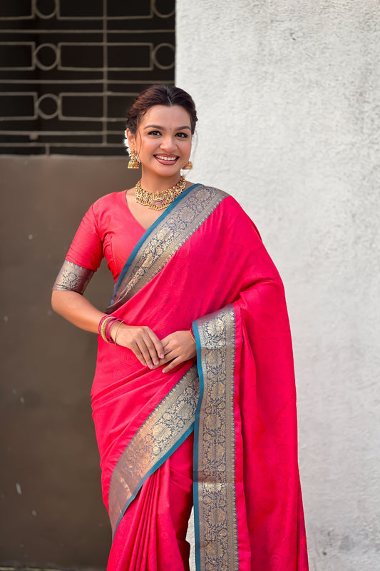 Bright Red Silk Saree Gold Zari Border Traditional Saree