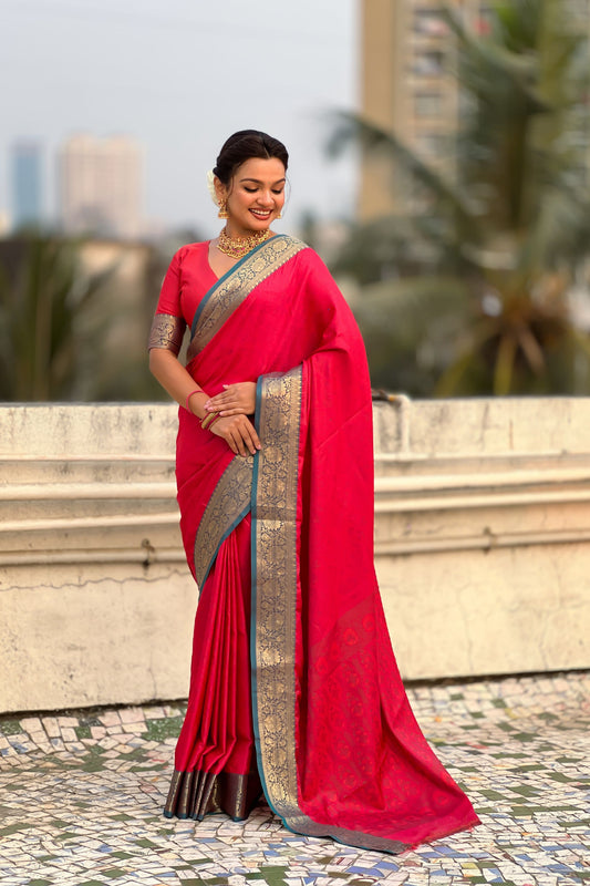 Bright Red Silk Saree Gold Zari Border Traditional Saree