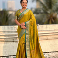 Mustard Yellow Silk Saree with Gold Zari Border Teal Contrast Traditional Saree
