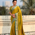 Mustard Yellow Silk Saree with Gold Zari Border Teal Contrast Traditional Saree
