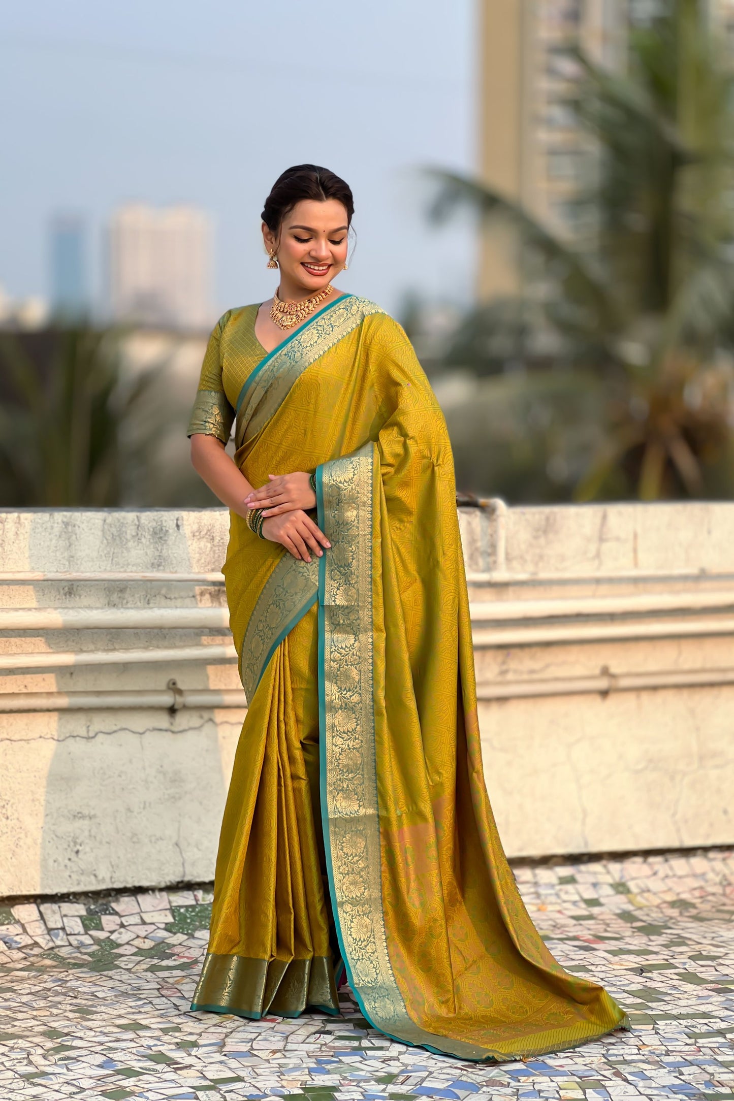 Mustard Yellow Silk Saree with Gold Zari Border Teal Contrast Traditional Saree